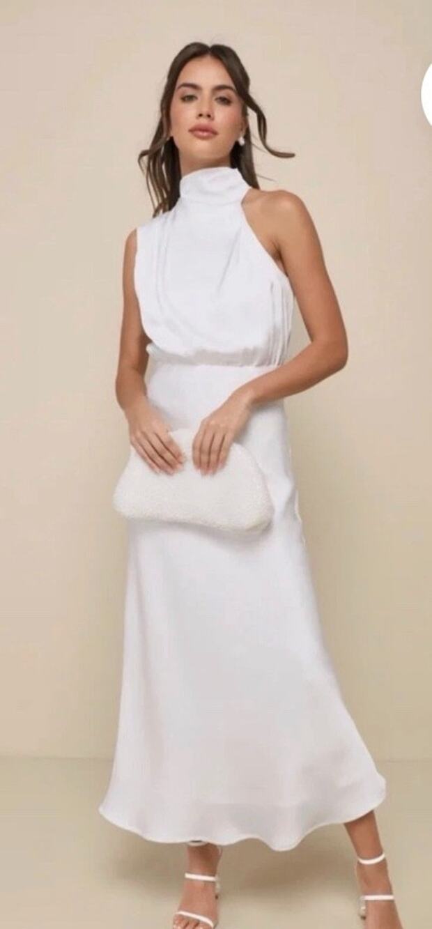 New! Lulus Wm's Sz M Distinctive Charm White Satin Asymmetrical Midi Dress #47